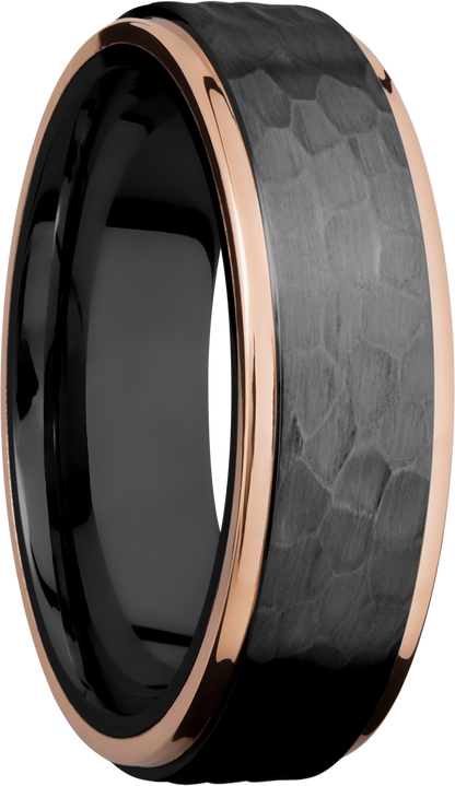 Zirconium 7mm flat band with 14K rose gold grooved edges