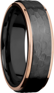 Zirconium 7mm flat band with 14K rose gold grooved edges