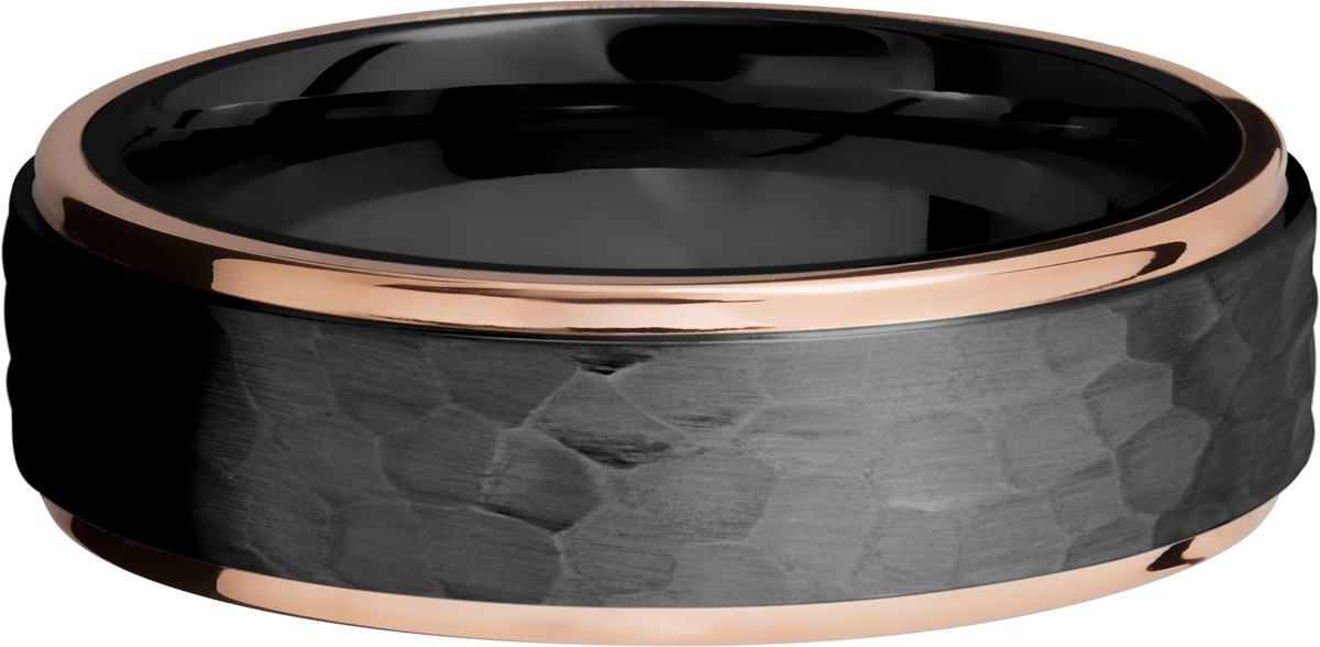 zirconium 7mm flat band with 14k rose gold grooved edges