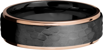 Zirconium 7mm flat band with 14K rose gold grooved edges