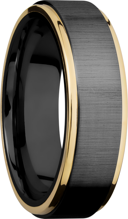 Zirconium 7mm flat band with 14K yellow gold grooved edges