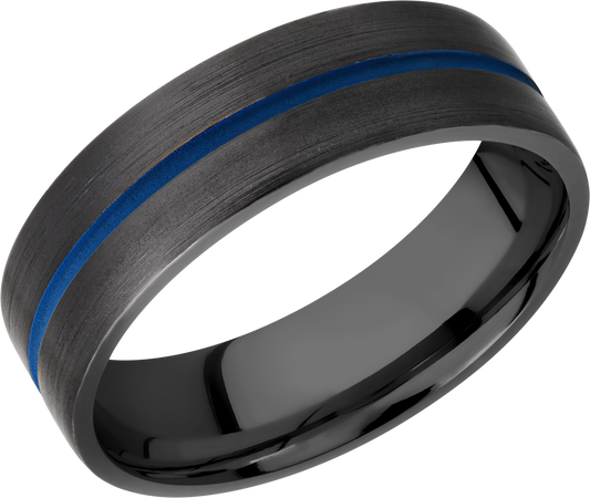 Zirconium 7mm flat band with 1, 1mm blue Cerakote groove