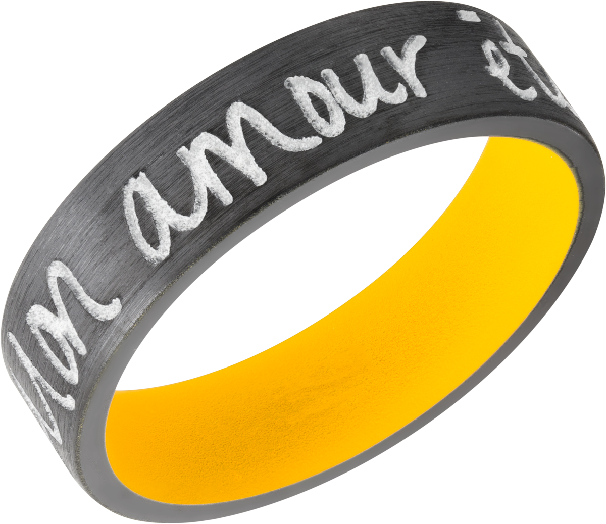 zirconium 7mm flat band with slightly rounded edges and a laser-carved handwritten message with a yellow cerakote sleeve