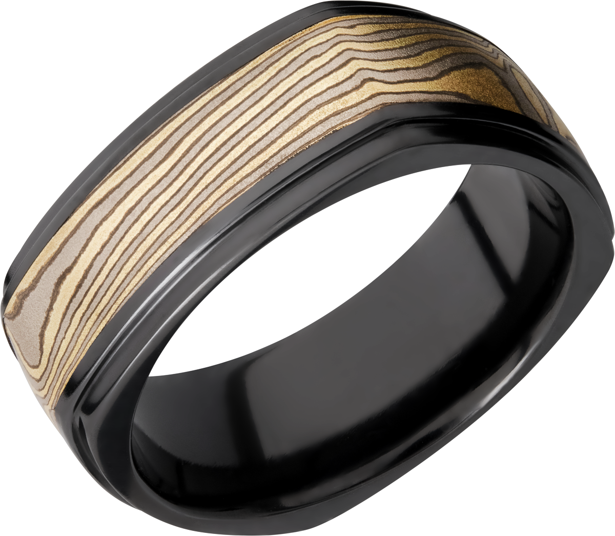 zirconium 8.5mm flat square band with an inlay of mokume gane and grooved edges