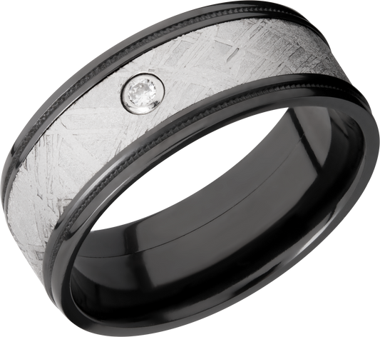 Zirconium 8.5mm flat band with reverse milgrain around an inlay of authentic Gibeon meteorite and white diamond accent