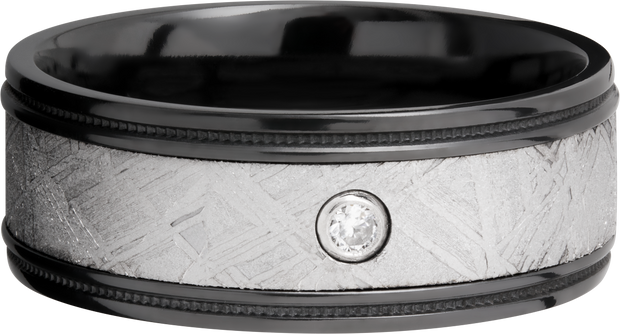 Zirconium 8.5mm flat band with reverse milgrain around an inlay of authentic Gibeon meteorite and white diamond accent