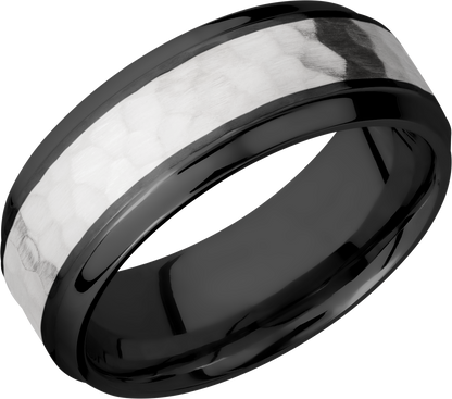 Zirconium 8mm beveled band with an inlay of sterling silver