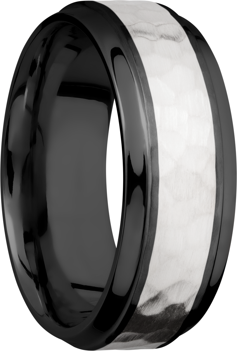 zirconium 8mm beveled band with an inlay of sterling silver