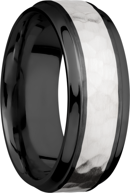 Zirconium 8mm beveled band with an inlay of sterling silver