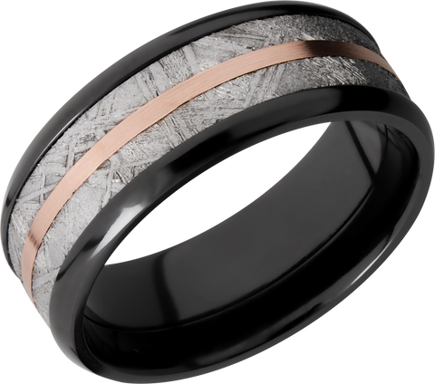 Zirconium 8mm beveled band with an inlay of authentic Gibeon Meteorite and a 14K rose gold inlay