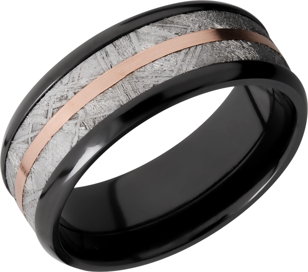 Zirconium 8mm beveled band with an inlay of authentic Gibeon Meteorite and a 14K rose gold inlay