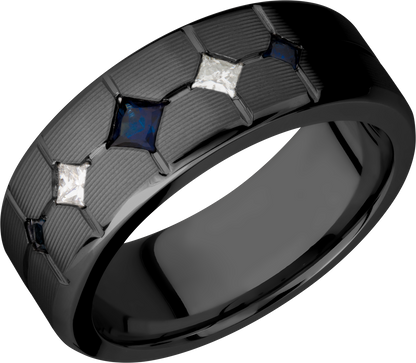 Zirconium 8mm beveled band with 3 sapphires and 2 diamonds