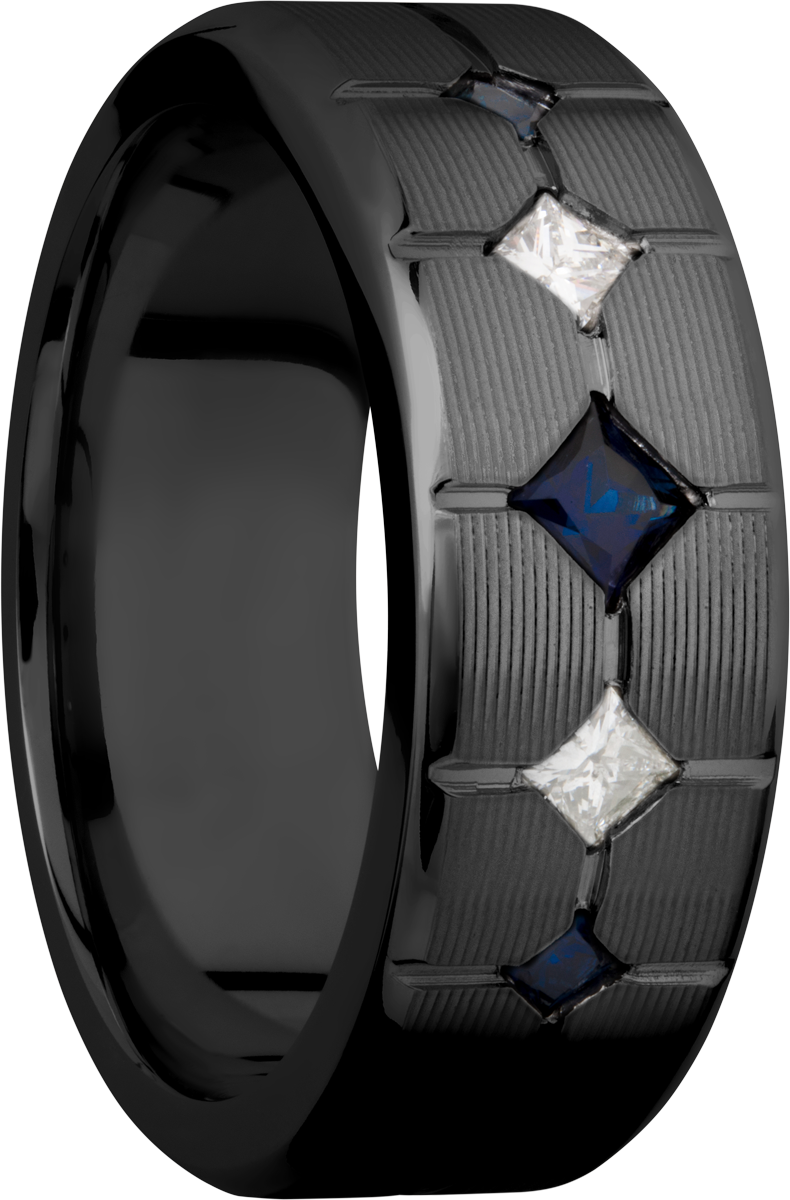 zirconium 8mm beveled band with 3 sapphires and 2 diamonds