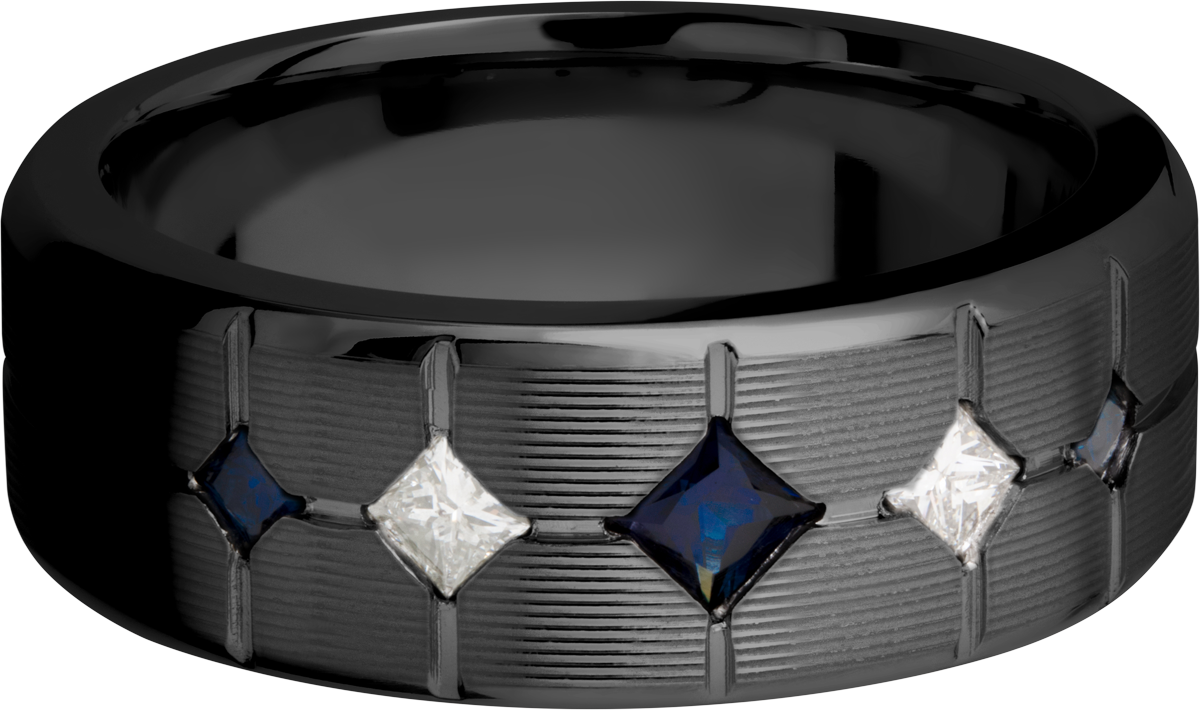 zirconium 8mm beveled band with 3 sapphires and 2 diamonds