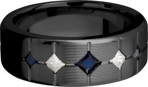 Zirconium 8mm beveled band with 3 sapphires and 2 diamonds