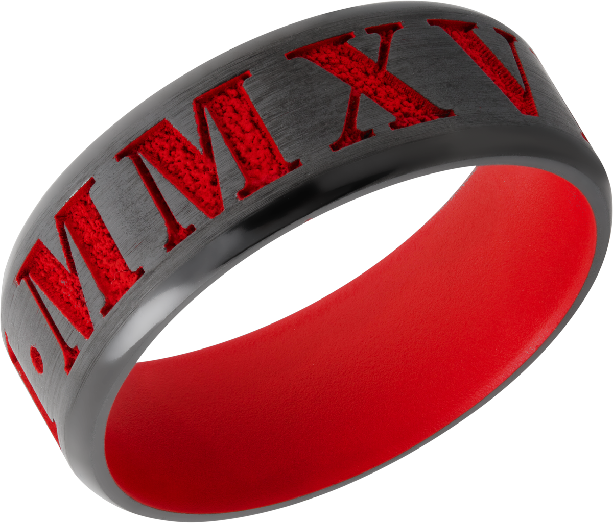 zirconium 8mm beveled band with laser-carved roman numerals featuring red cerakote in the recessed pattern and on the sleeve