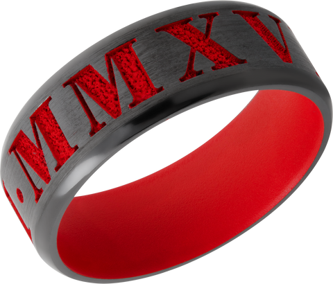 Zirconium 8mm beveled band with laser-carved roman numerals featuring red Cerakote in the recessed pattern and on the sleeve
