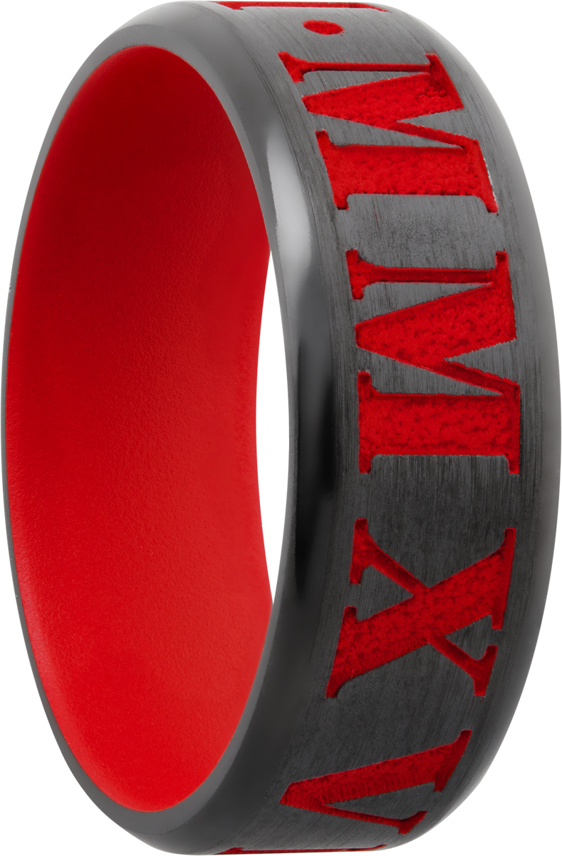 zirconium 8mm beveled band with laser-carved roman numerals featuring red cerakote in the recessed pattern and on the sleeve