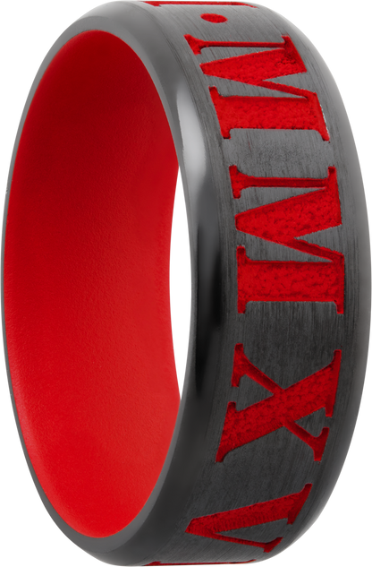 Zirconium 8mm beveled band with laser-carved roman numerals featuring red Cerakote in the recessed pattern and on the sleeve