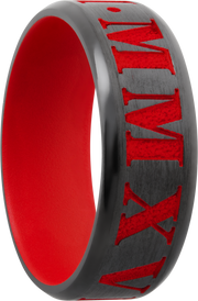 Zirconium 8mm beveled band with laser-carved roman numerals featuring red Cerakote in the recessed pattern and on the sleeve