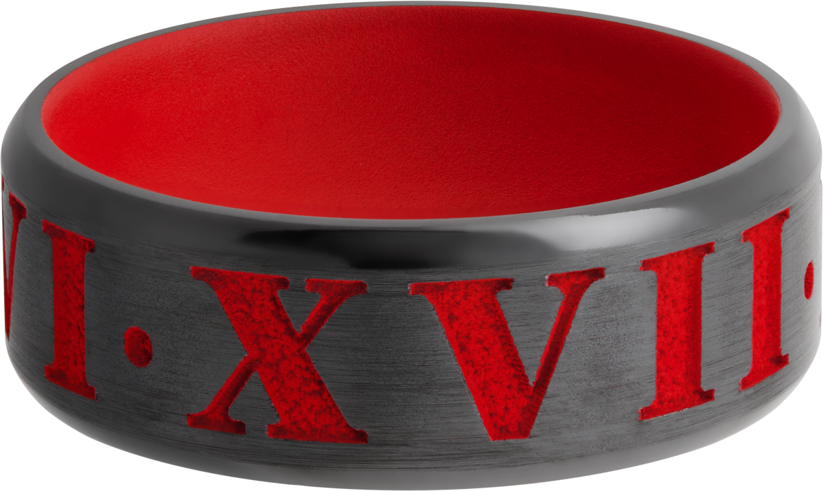 zirconium 8mm beveled band with laser-carved roman numerals featuring red cerakote in the recessed pattern and on the sleeve