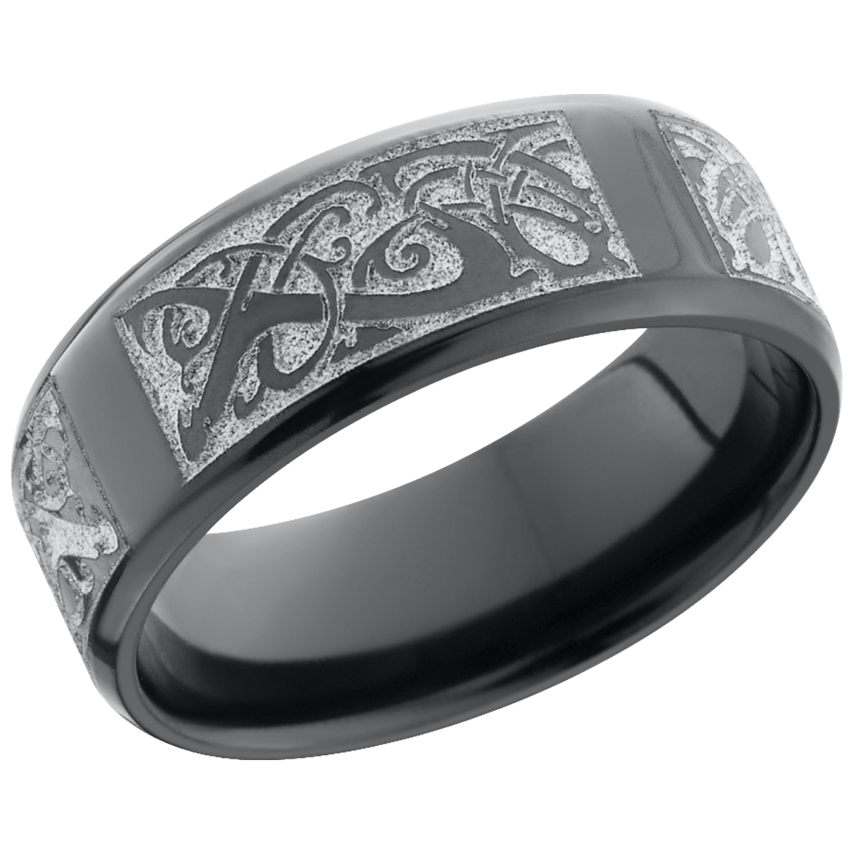 zirconium 8mm beveled band with a laser-carved serpent pattern