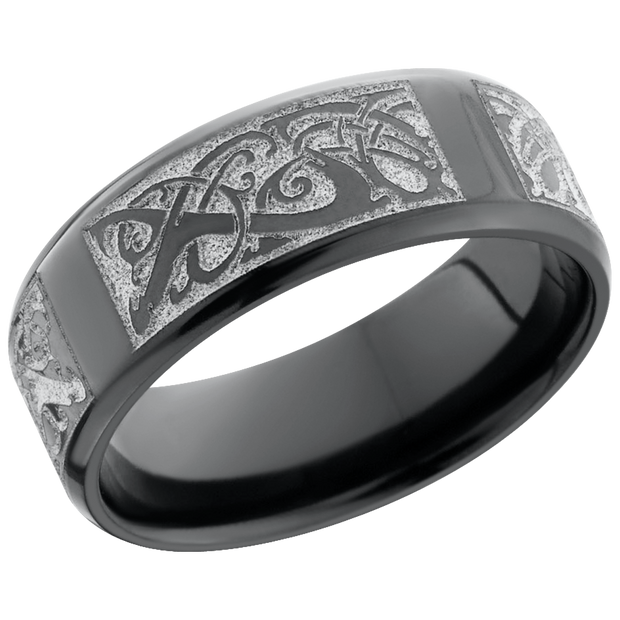 Zirconium 8mm beveled band with a laser-carved serpent pattern