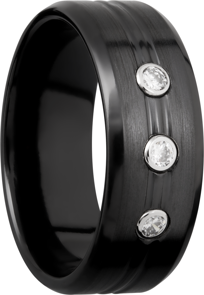 zirconium 8mm beveled band with 3, .05ct bezel-set diamonds