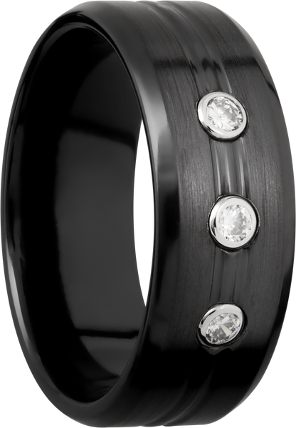 Zirconium 8mm beveled band with 3, .05ct bezel-set diamonds