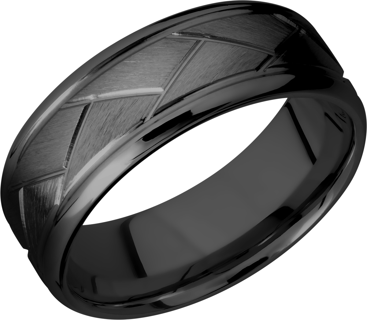 zirconium 8mm beveled band with a laser-carved flat weave pattern