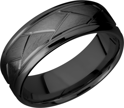 Zirconium 8mm beveled band with a laser-carved flat weave pattern