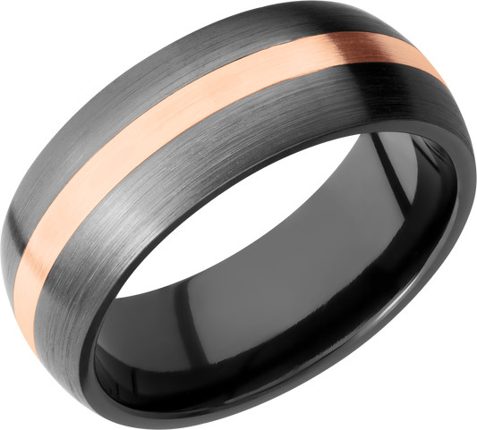 Zirconium 8mm domed band with an inlay of 14K rose gold