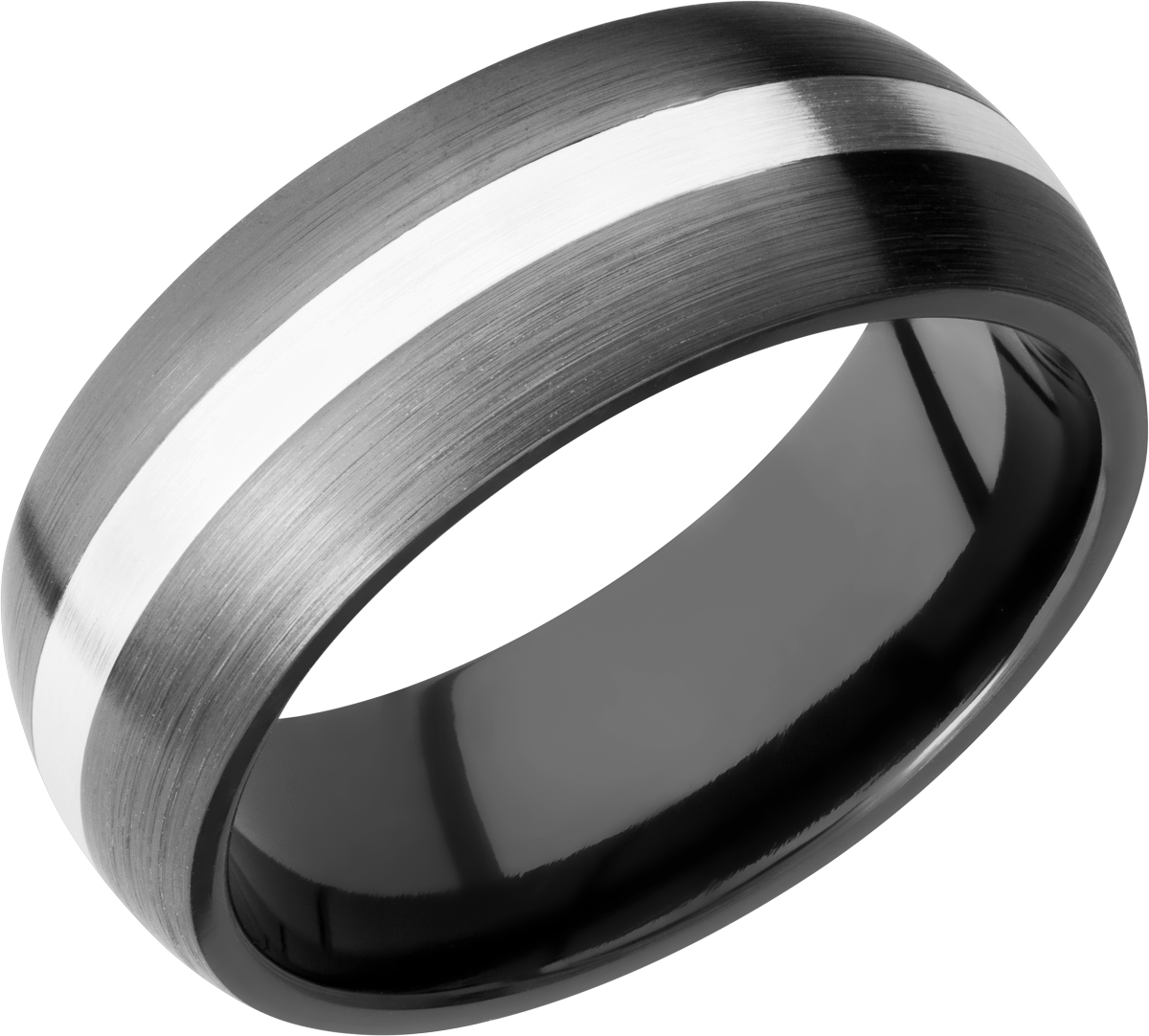 zirconium 8mm domed band with an inlay of sterling silver