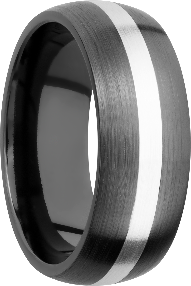 zirconium 8mm domed band with an inlay of sterling silver