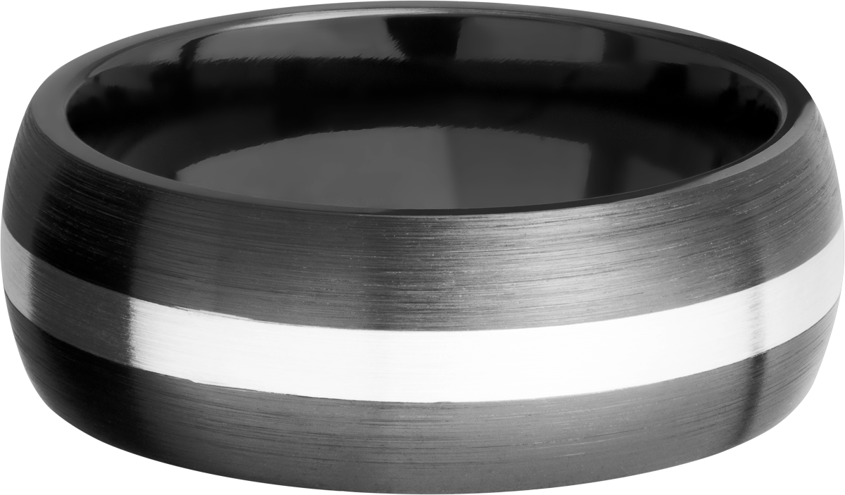 zirconium 8mm domed band with an inlay of sterling silver