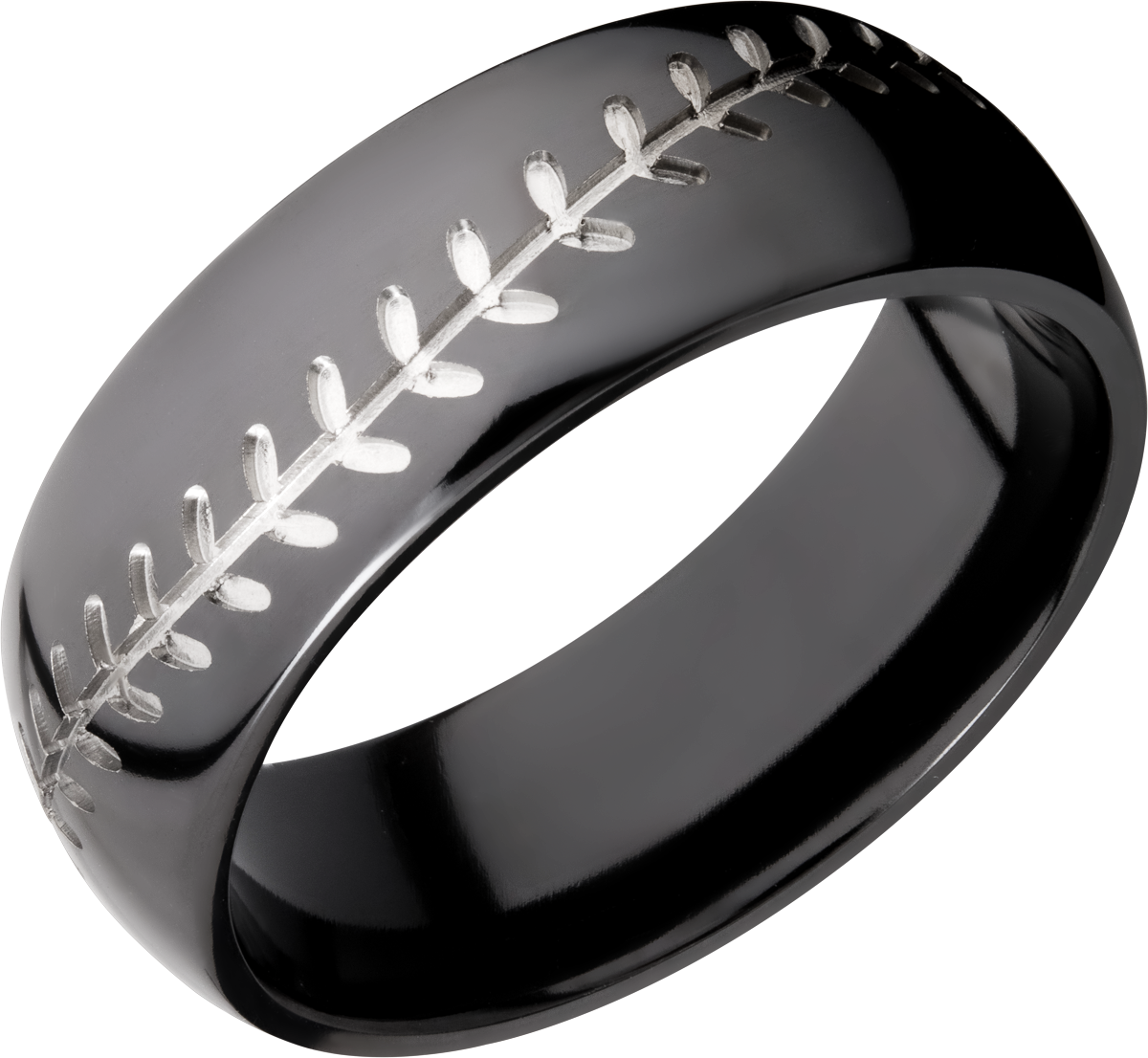 zirconium 8mm domed band with a laser-carved baseball stitch