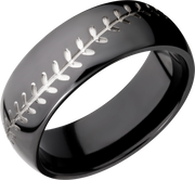 Zirconium 8mm domed band with a laser-carved baseball stitch