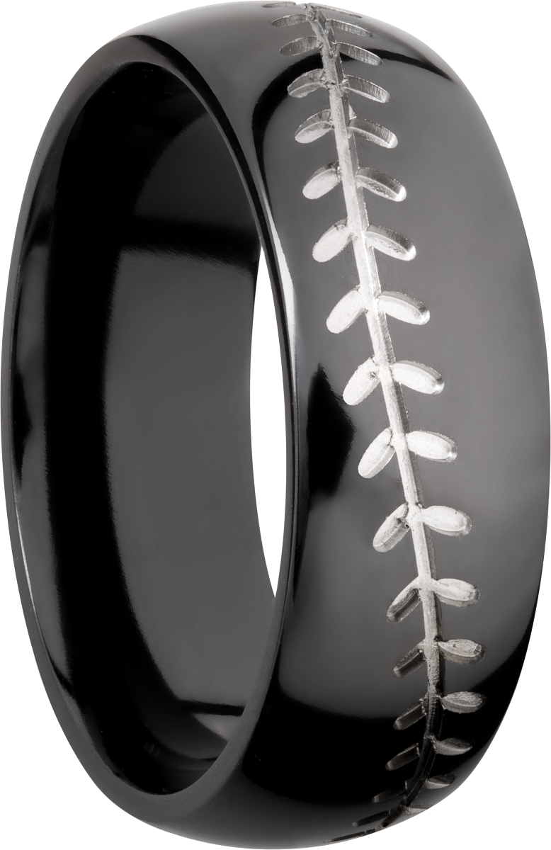 zirconium 8mm domed band with a laser-carved baseball stitch