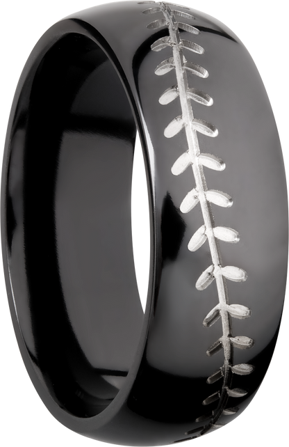 Zirconium 8mm domed band with a laser-carved baseball stitch