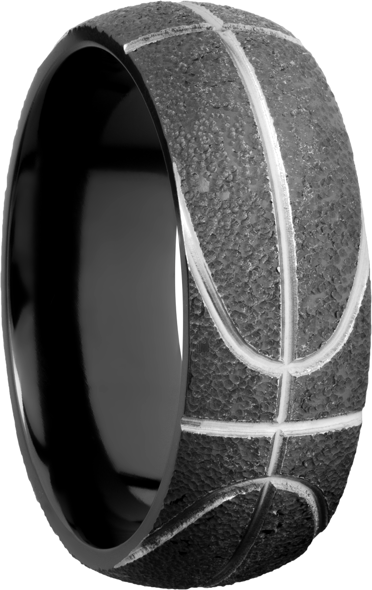 zirconium 8mm domed band with a laser-carved basketball pattern