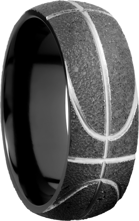 Zirconium 8mm domed band with a laser-carved basketball pattern