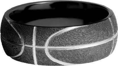 Zirconium 8mm domed band with a laser-carved basketball pattern