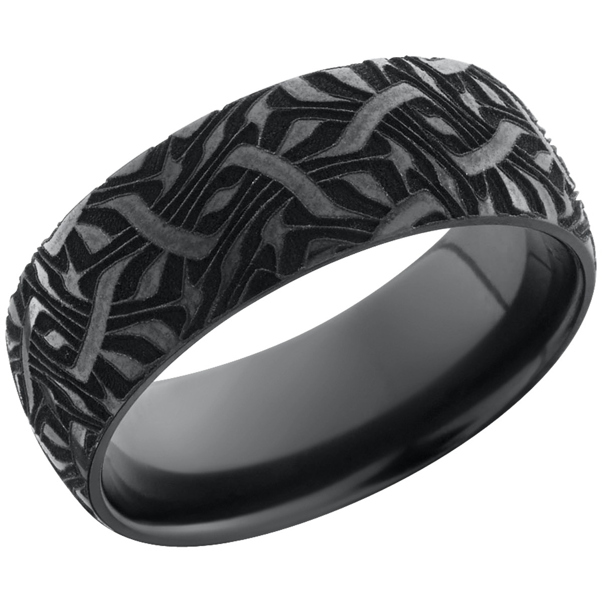 zirconium 8mm domed band with a laser-carved escher pattern