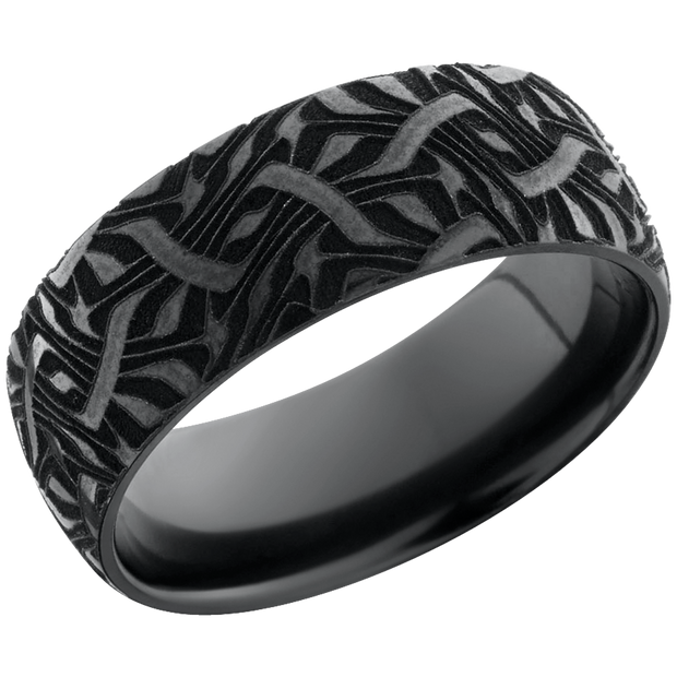 Zirconium 8mm domed band with a laser-carved escher pattern