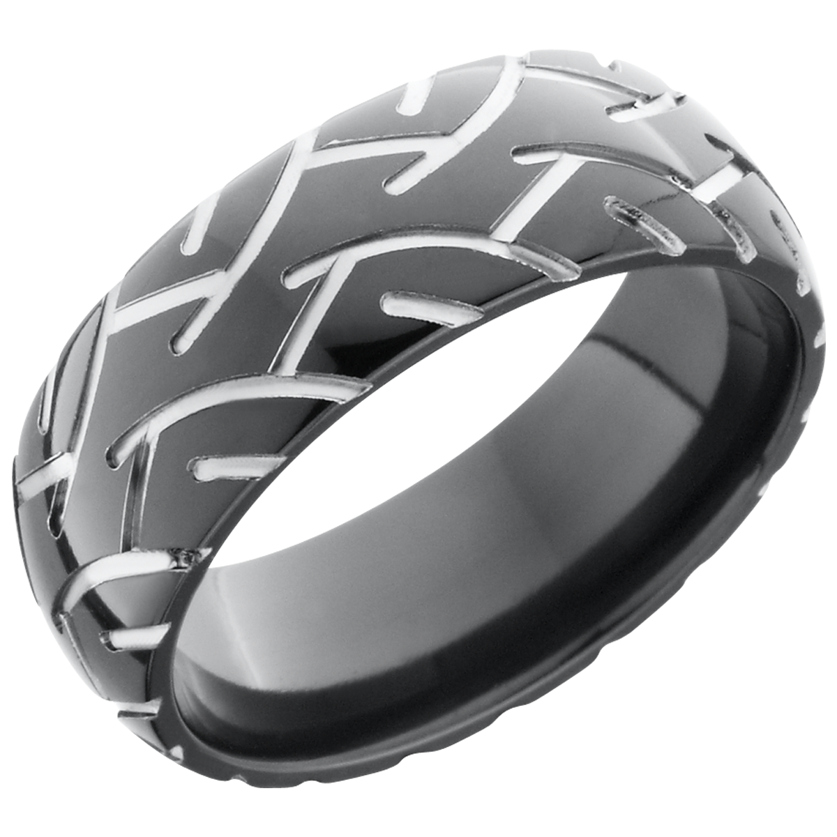 zirconium 8mm domed band with a laser-carved cycle pattern