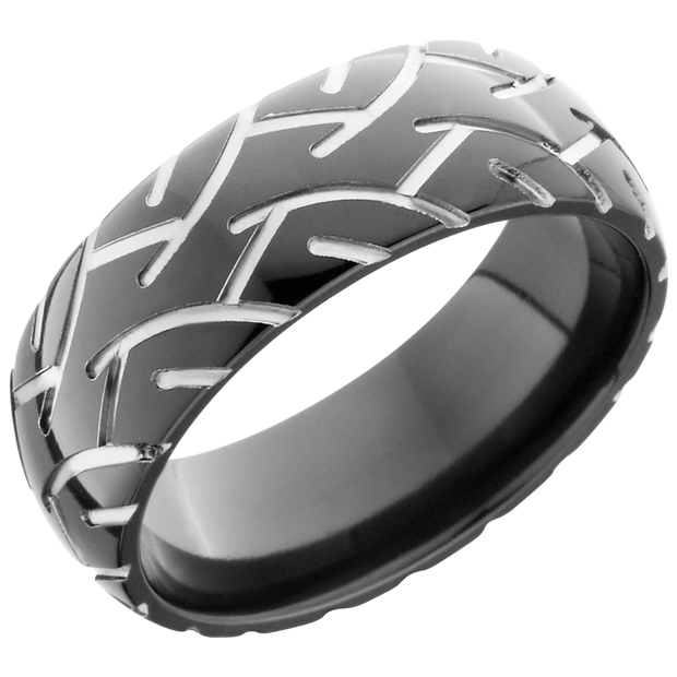 Zirconium 8mm domed band with a laser-carved cycle pattern