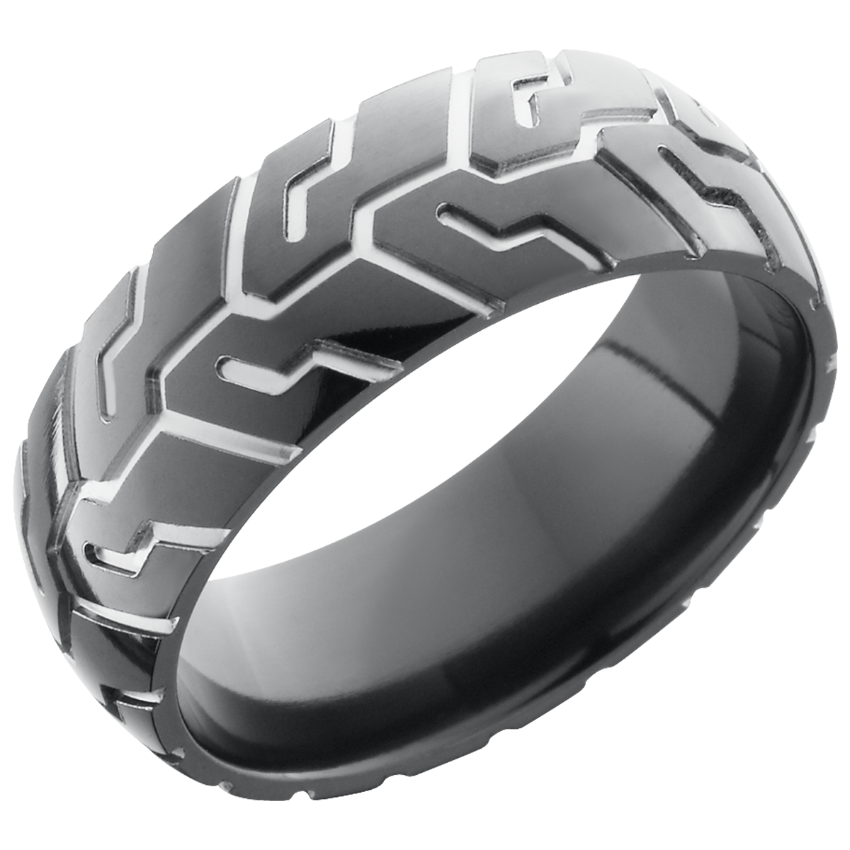 zirconium 8mm domed band with a laser-carved cycle pattern