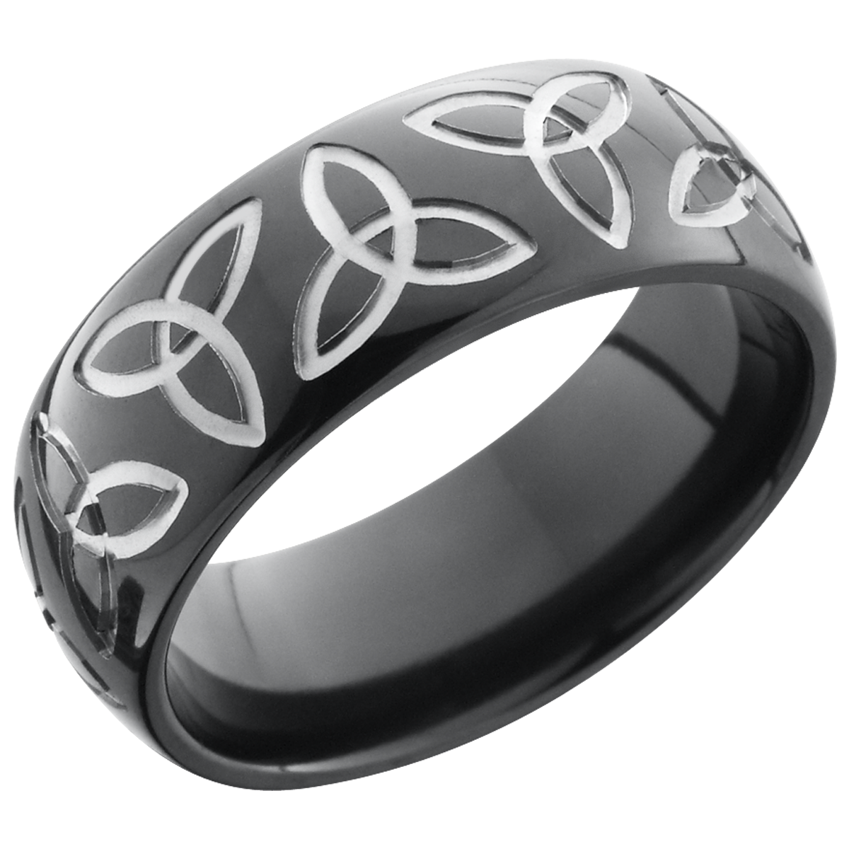 zirconium 8mm domed band with a laser-carved trinity pattern