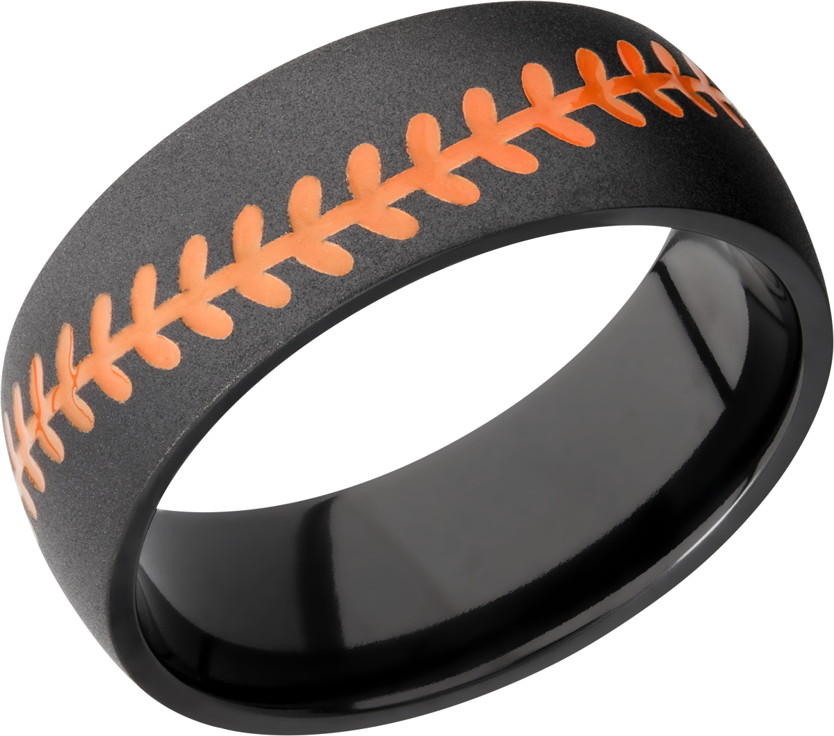 zirconium 8mm domed band with hunter orange cerakote in the recesses of baseball stitching