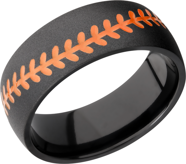 Zirconium 8mm domed band with Hunter Orange Cerakote in the recesses of baseball stitching